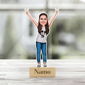 "Cheerful Girl Caricature Standee: Customizable Photo Fun!"