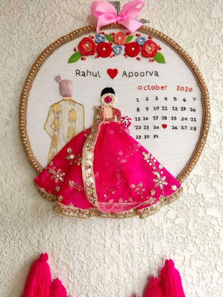 Bride & Groom Wedding Calendar Customized Handmade Embroidery Hoop with Tassels 2