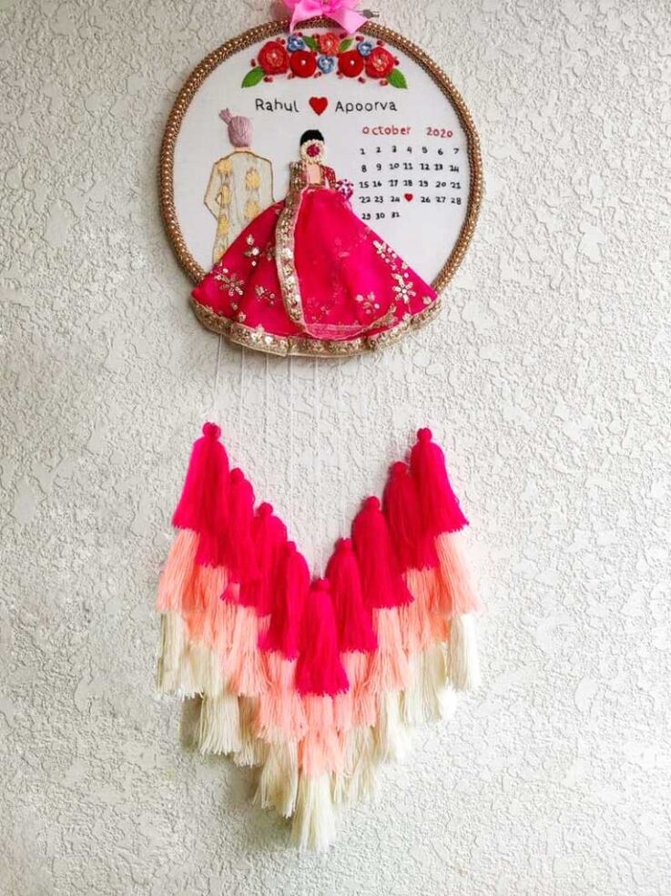 Bride & Groom Wedding Calendar Customized Handmade Embroidery Hoop with Tassels 1