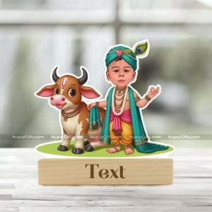 Personalized Baby Krishna Caricature with Cow | Custom Photo Stand Gift
