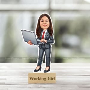 Personalized Working Girl Caricature – Corporate Woman with Laptop Photo Stand Gift