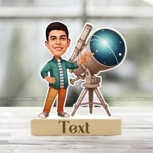 Personalized Boy with Telescope Caricature – Space Explorer Photo Stand Gift