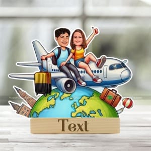Personalized World Tour Couple Caricature – Custom Cartoon Flight Photo Stand Gift