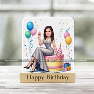 Personalized Birthday Girl Caricature – Custom Cartoon Photo Stand Gift for Her