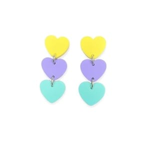 Triple Heart Drop Acrylic Earrings – Yellow, Purple & Teal